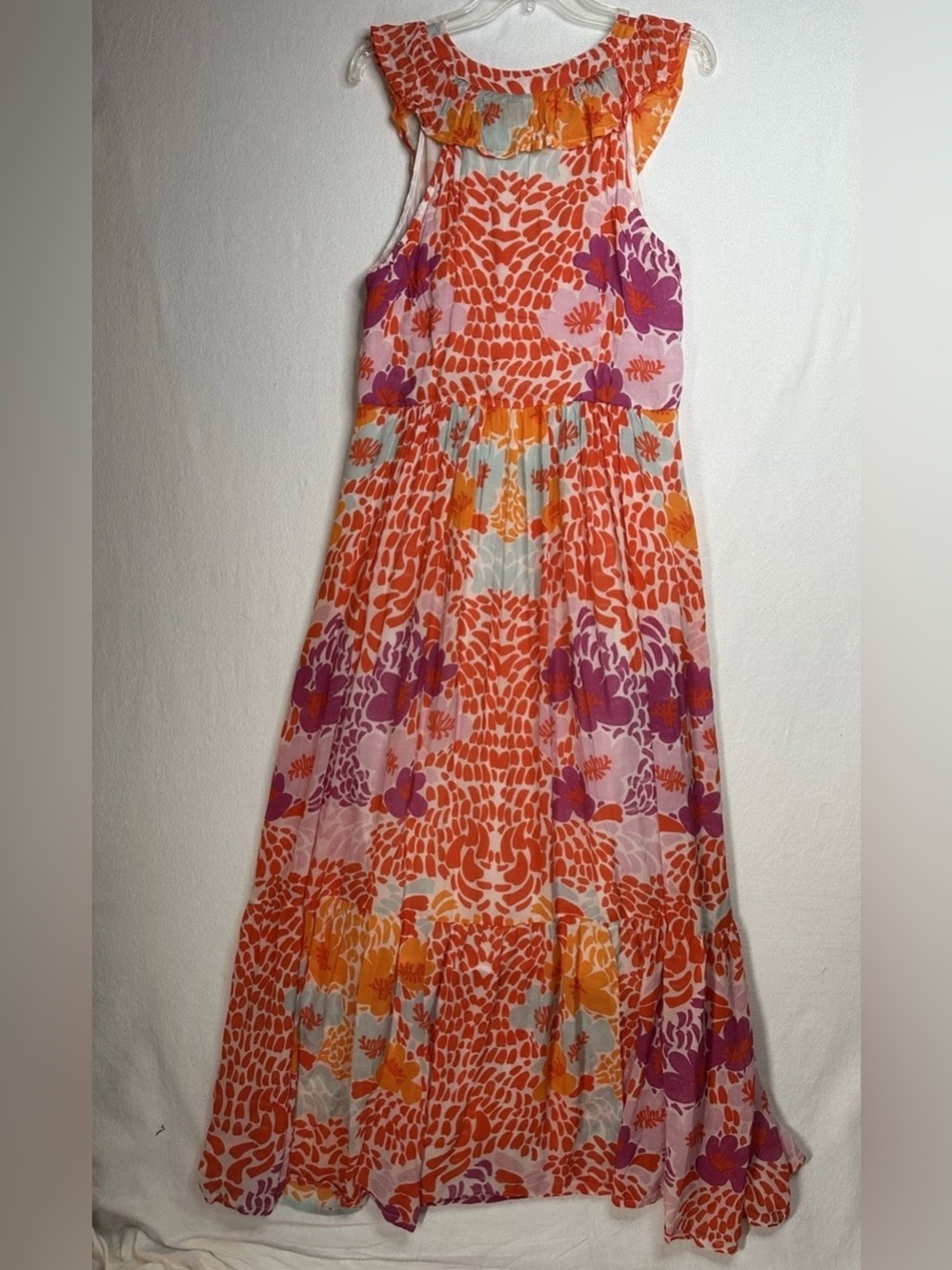 Oliphant Ruffle Maxi Dress Orange Floral Size L Large Vibrant Tropical Resort - Picture 2 of 15